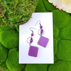 Purple Long earrings Boho square Violet brass jewelry